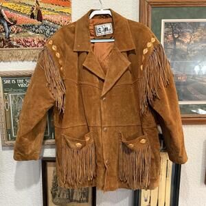 Vintage 80s Excelled Mens Large Fringe Western Leather Native Embroidered Jacket